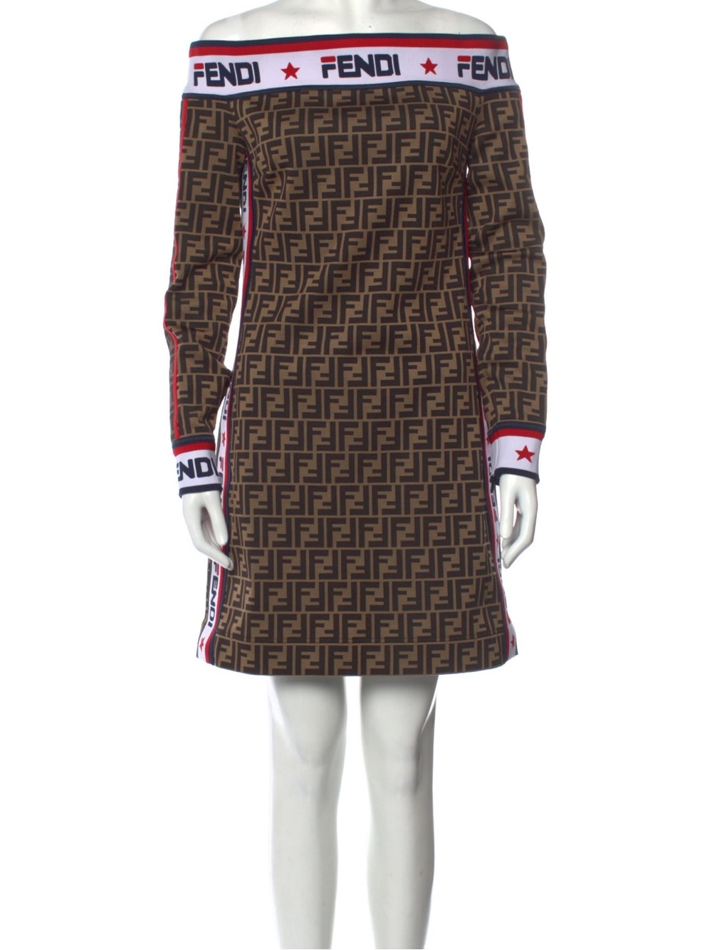Fendi Brown FF-Logo Off-Shoulder Knit Dress with Red & White Trim size 44 M-L